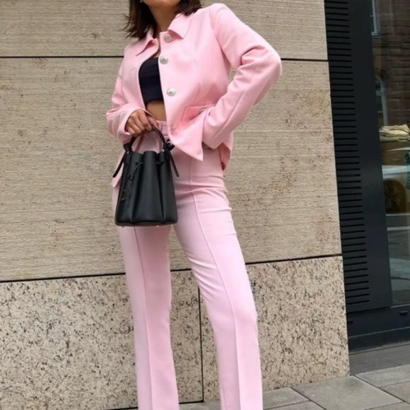 Zara Jackets & Blazers - 𝅺ZARA BLOGGERS Favorite  2 Piece Pink metal button jacket and pants suit